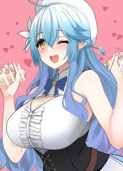 Rule 34 | 1girl, 2boys, blue bow, blue hair, bow, breasts, censored, cleavage, double handjob, dress, flower, h2o (ddks2923), hair between eyes, hair flower, hair ornament, half updo, handjob, heart, highres, hololive, large breasts, long hair, mosaic censoring, multiple boys, one eye closed, open mouth, penis, pointy ears, shirt, simple background, smile, speech bubble, virtual youtuber, white flower, yellow eyes, yukihana lamy