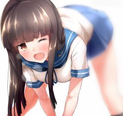 Rule 34 | 10s, 1girl, ;d, bent over, black hair, black socks, blue ribbon, blue skirt, blunt bangs, blurry, blush, boruhis, breasts, depth of field, eyebrows, hatsuyuki (kancolle), kantai collection, kneehighs, long hair, looking at viewer, one eye closed, open mouth, pleated skirt, ribbon, school uniform, serafuku, short sleeves, sidelocks, simple background, skirt, small breasts, smile, socks, solo, standing, straight hair, sweat, white background, yellow eyes