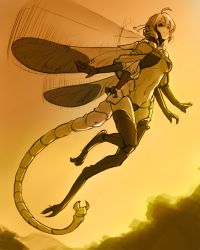 Rule 34 | 1girl, ahoge, antennae, arthropod girl, bad id, bad pixiv id, bikini, black sclera, breasts, bug, capelet, claws, colored sclera, dragonfly, extra arms, flying, from below, full body, gradient background, insect, insect wings, less, light smile, looking away, monochrome, monster girl, navel, original, outstretched arms, short hair, sky, solo, spread wings, swimsuit, tail, underboob, wings, yellow theme