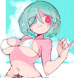 Rule 34 | 1girl, :d, areola slip, bikini, blue eyes, blue hair, blue sky, breasts, bright pupils, cleavage, closed mouth, cloud, heterochromia, large breasts, looking at viewer, massakasama, navel, open mouth, outdoors, outside border, red eyes, short hair, sky, smile, solo, swimsuit, tatara kogasa, tattoo, tongue, tongue out, touhou, upper body, white bikini, white pupils
