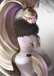 Rule 34 | 1girl, belt, blonde hair, breasts, dress, feather boa, fur trim, heterochromia, high ponytail, highres, hilda (under night in-birth), large breasts, long dress, long hair, looking at viewer, multicolored clothes, multicolored dress, ponii, ponytail, solo, two-tone dress, under night in-birth, very long hair