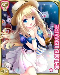 Rule 34 | 1girl, blonde hair, blue eyes, blue shirt, card, character name, chloe lemaire, costume, dress, girlfriend (kari), hands together, hat, indoors, long hair, official art, open mouth, qp:flapper, shirt, sign, smile, tagme, white dress