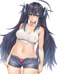 Rule 34 | 1girl, ahoge, arms at sides, black hair, breasts, brown eyes, collarbone, covered erect nipples, cowboy shot, denim, denim shorts, dutch angle, half-closed eyes, jitome, large breasts, long hair, navel, nipples, open fly, original, panties, pepe (jonasan), see-through, short shorts, shorts, simple background, solo, standing, stomach, tank top, thigh gap, twintails, underwear, very long hair, wide hips