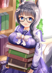 Rule 34 | 1girl, :d, animal ears, bad id, bad pixiv id, black-framed eyewear, black hair, blue eyes, blurry, blurry background, blush, book, book stack, bookshelf, braid, breast rest, breasts, carried breast rest, carrying, commentary request, depth of field, glasses, hair over shoulder, highres, holding, holding book, horse ears, horse girl, horse tail, indoors, large breasts, long hair, long sleeves, looking at viewer, open mouth, pleated skirt, purple shirt, purple skirt, shirt, single braid, skirt, smile, solo, sunlight, tail, umamusume, window, xenon (for achieve), zenno rob roy (umamusume)