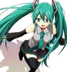 Rule 34 | 1girl, aqua eyes, aqua hair, bad id, bad pixiv id, bare shoulders, black thighhighs, detached sleeves, green eyes, green hair, hatsune miku, hirococo, long hair, matching hair/eyes, necktie, open mouth, skirt, smile, solo, standing, standing on one leg, thighhighs, twintails, very long hair, vocaloid, zettai ryouiki