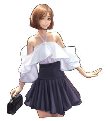 Rule 34 | 1girl, absurdres, bag, bare shoulders, blush, bob cut, breasts, brown hair, commentary request, dress, handbag, highres, holding, jungon kim, looking at viewer, multicolored clothes, multicolored dress, open mouth, original, short hair, smile, solo, white background