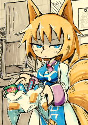 Rule 34 | 1girl, animal ears, animal hat, blonde hair, blue eyes, breasts, candy, chips (food), chocolate, chocolate bar, commentary, drawing (object), dress, english commentary, food, fox ears, fox tail, hat, holding, holding clothes, holding hat, indoors, long sleeves, looking at viewer, mob cap, multiple tails, potato chips, setz, solo, tabard, tail, touhou, unworn hat, unworn headwear, upper body, white dress, white hat, yakumo ran