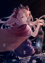 Rule 34 | 1girl, birdcage, black dress, blonde hair, brown eyes, cage, cape, diadem, dress, earrings, ereshkigal (fate), fate/grand order, fate (series), floating hair, flower, from behind, hair ribbon, holding, holding cage, jewelry, long hair, looking back, pixiv fate/grand order contest 2, red cape, red flower, red ribbon, red rose, ribbon, rose, short dress, shuryukan, solo, standing, very long hair, white flower