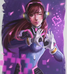 Rule 34 | 1girl, absurdres, arms up, bad id, bad pixiv id, blue bodysuit, bodysuit, breasts, brown eyes, brown hair, closed mouth, commentary request, d.va (overwatch), eyelashes, facial mark, gloves, headphones, headset, heart, heart hands, high collar, highres, lips, long hair, looking at viewer, medium breasts, nose, one eye closed, overwatch, overwatch 1, pilot suit, pink facepaint, pink lips, ribbed bodysuit, shiro-hane, shoulder pads, skin tight, solo, standing, swept bangs, whisker markings, white gloves