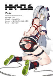 Rule 34 | 1girl, arms behind back, ass, bad id, bad pixiv id, bare shoulders, bdsm, bike shorts, black shorts, blunt bangs, blush, bondage, boots, bound, breasts, butt crack, chain, facial mark, girls&#039; frontline, goyain, green eyes, hair ornament, hairband, hat, headgear, hk416 (girls&#039; frontline), hk416 (mod3) (girls&#039; frontline), kneeling, large breasts, long hair, looking at viewer, mini hat, mod3 (girls&#039; frontline), red ass, restrained, shibari, shibari over clothes, shorts, silver hair, simple background, skindentation, slap mark, solo, spanked, thigh strap, torn clothes, white background