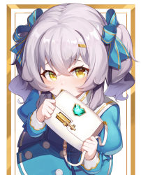 Rule 34 | 1girl, bag, blue bow, blue dress, blush, bow, btraphen, covered mouth, dress, gem, grey hair, hair between eyes, hair bow, handbag, hands up, highres, holding, holding bag, juliet sleeves, long sleeves, looking at viewer, original, puffy sleeves, resolution mismatch, sailor collar, sailor dress, solo, source larger, striped, striped bow, twintails, white background, white sailor collar, yellow eyes