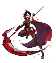 Rule 34 | 1girl, :d, black footwear, black gloves, black hair, boots, breasts, bustier, cape, crescent rose, fingerless gloves, floating hair, full body, gloves, gradient hair, grey eyes, hair between eyes, highres, holding, holding scythe, leg up, long sleeves, looking at viewer, medium breasts, medium hair, miniskirt, mk (lazymk), multicolored hair, open mouth, pantyhose, petals, pleated skirt, red cape, red hair, red skirt, ruby rose, rwby, scythe, shirt, simple background, skirt, smile, solo, thigh boots, white background, white shirt