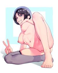 Rule 34 | 1girl, ass, beret, black hair, blue eyes, breasts, clenched teeth, full body, grey thighhighs, hat, highres, hololive, knee up, large breasts, looking at viewer, navel, nipples, oozora subaru, pussy, rat huang, short hair, single bare leg, single thighhigh, skindentation, smile, solo, teeth, thighhighs, thighs, toenails, toes, uncensored, v, very short hair, virtual youtuber