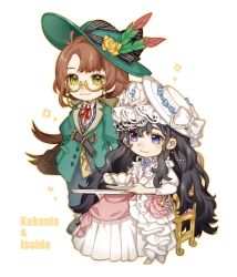 Rule 34 | 2girls, :3, black footwear, brown hair, character name, chibi, closed mouth, collared shirt, cup, dress, feathers, flower, gloves, gown, green eyes, green feathers, green hat, green jacket, grey skirt, grey vest, hat, hat feather, hat flower, highres, holding, holding cup, holding saucer, isolde (reverse:1999), jacket, juliet sleeves, kakania (reverse:1999), kuri (kurimi73576978), long dress, long hair, long skirt, long sleeves, low ponytail, multiple girls, neck ribbon, on chair, puffy long sleeves, puffy sleeves, purple eyes, red ribbon, reverse:1999, ribbon, saucer, semi-rimless eyewear, shirt, sitting, skirt, smile, standing, sun hat, table, teacup, under-rim eyewear, vest, waistcoat, white background, white dress, white hat, white shirt, white veil, yellow-framed eyewear, yellow gloves