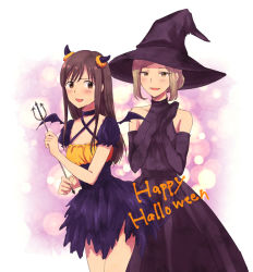 Rule 34 | 2girls, bad id, bad pixiv id, black dress, black gloves, brown hair, commentary request, demon costume, demon horns, demon wings, dress, elbow gloves, fujisawa rio, gloves, halloween, halloween costume, happy halloween, hat, horns, light brown hair, long dress, long hair, miniskirt, multiple girls, open mouth, polearm, puffy short sleeves, puffy sleeves, short dress, short hair, short sleeves, skirt, sleeveless, trident, watanuki chihiro, weapon, wings, witch, witch hat, yasumi (user spny5748), yugami-kun ni wa tomodachi ga inai