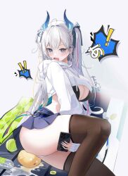 Rule 34 | absurdres, ass, azur lane, blue horns, blue skirt, bottle, breasts, brown thighhighs, cellphone, cleavage, embarrassed, fang, from side, galodos, grey background, grey eyes, highres, holding, holding phone, hood, hoodie, horns, jacket, large breasts, long hair, long sleeves, manjuu (azur lane), miniskirt, official alternate costume, open mouth, panties, partially undressed, phone, pleated skirt, simple background, sitting, skin fang, skirt, smartphone, suffren (azur lane), suffren (impulsive incident) (azur lane), sweater, thighhighs, track jacket, underwear, water bottle, white hair, white hoodie, white panties, white sweater