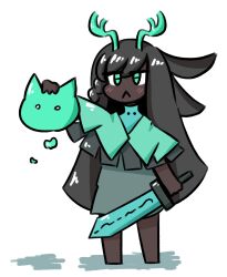 Rule 34 | 1girl, :&lt;, absurdres, ancient rabbit, animal ears, antlers, barefoot, black hair, blue horns, blush, capelet, closed mouth, commentary, dark-skinned female, dark skin, english commentary, floppy ears, full body, ghost, green capelet, grey skirt, half up braid, highres, horns, long hair, looking at viewer, medium bangs, minimasa, rabbit and steel, rabbit ears, rabbit girl, simple background, skirt, solo, standing, very dark skin, very long hair, white background