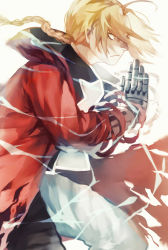 Rule 34 | 1boy, 91 (968087), bad id, bad pixiv id, blonde hair, braid, braided ponytail, coat, edward elric, electricity, fullmetal alchemist, long hair, male focus, mechanical arms, own hands together, red coat, single braid, single mechanical arm, solo, yellow eyes