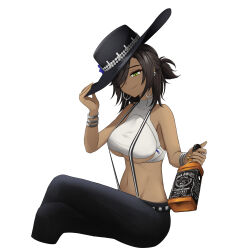 Rule 34 | 1girl, absurdres, black hat, black pants, bottle, bracelet, breasts, brown hair, closed mouth, clothing cutout, collarbone, colt walker (girls&#039; frontline), cowboy hat, cropped legs, crossed legs, dark-skinned female, dark skin, earrings, fingernails, girls&#039; frontline, green eyes, hair over one eye, hat, hat ornament, hat tip, highres, holding, holding bottle, jack daniel&#039;s, jewelry, korean commentary, large breasts, long hair, looking down, nail polish, navel, nonoan jp, pants, ponytail, ring, shirt, simple background, smile, solo, stomach, suspenders, underboob, underboob cutout, white shirt, yellow nails