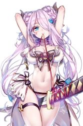 Rule 34 | 1girl, arms up, between thighs, bikini, blue eyes, blush, braid, breasts, cleavage, draph, granblue fantasy, hair ornament, hair over one eye, heart, heart-shaped pupils, hong (white spider), horns, katana, large breasts, light purple hair, long hair, looking at viewer, mouth hold, narmaya (granblue fantasy), narmaya (summer) (granblue fantasy), navel, pointy ears, simple background, smile, solo, swimsuit, sword, symbol-shaped pupils, weapon, white background, white bikini