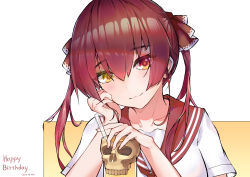 Rule 34 | 1girl, absurdres, alternate costume, collarbone, cup, drink, drinking straw, hair between eyes, hair ribbon, happy birthday, head rest, heterochromia, highres, hololive, hongshao tang gua, houshou marine, long hair, looking at viewer, red eyes, red hair, red ribbon, red sailor collar, ribbon, sailor collar, school uniform, shirt, short sleeves, skull, solo, twintails, virtual youtuber, white shirt, yellow eyes