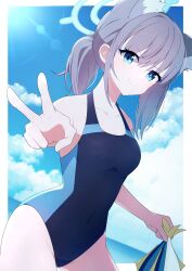 Rule 34 | 1girl, absurdres, animal ear fluff, animal ears, black one-piece swimsuit, blue archive, blue eyes, blue sky, breasts, cloud, competition swimsuit, covered navel, cowboy shot, cross hair ornament, day, dutch angle, extra ears, fish, grey hair, hair ornament, halo, harr illust, highres, horizon, looking at viewer, low ponytail, medium breasts, medium hair, mismatched pupils, multicolored clothes, multicolored swimsuit, ocean, official alternate costume, one-piece swimsuit, outdoors, shiroko (blue archive), shiroko (swimsuit) (blue archive), sky, smile, swimsuit, v, v-shaped eyebrows, wolf ears