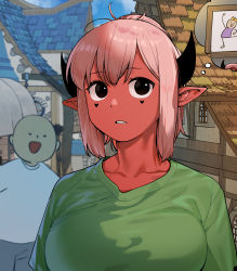 Rule 34 | 1boy, 1girl, :d, absurdres, bald, black eyes, black horns, breasts, building, collarbone, commentary request, dark-skinned female, dark skin, facial mark, green shirt, grey shirt, heart, heart tattoo, highres, horns, house, large breasts, looking at viewer, open mouth, original, parted lips, pink hair, pointy ears, ponytail, shirt, shorts, sidelocks, sign, smile, solo focus, tattoo, teeth, upper body, yu (yueunnnn)