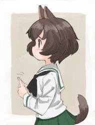 Rule 34 | 10s, 1girl, akiyama yukari, animal ears, beige background, black neckerchief, blouse, blush stickers, brown eyes, brown hair, closed mouth, commentary, dog ears, dog tail, fidgeting, from side, girls und panzer, green skirt, index fingers together, kemonomimi mode, light frown, long sleeves, messy hair, miniskirt, motion lines, neckerchief, nogitatsu, ooarai school uniform, outside border, pleated skirt, school uniform, serafuku, shirt, short hair, skirt, solo, standing, tail, upper body, white shirt