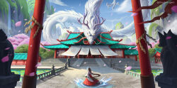 Rule 34 | 1girl, absurdres, architecture, artist name, brown hair, building, cherry blossom print, cherry blossoms, claws, day, dragon, dragon horns, dress, east asian architecture, fantasy, floral print, gate, hair ribbon, highres, horns, long dress, long hair, looking at another, making-of available, original, outdoors, ponytail, red dress, red ribbon, ribbon, rope, shimenawa, sky, statue, temple, thuytien gem, torii, tree, water, waterfall, wide sleeves