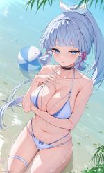 Rule 34 | 1girl, absurdres, arm under breasts, ayaka (genshin impact), ball, bare shoulders, beachball, bikini, blue hair, blush, bow, bow swimsuit, breasts, genshin impact, hair bow, hair ornament, highres, kneeling, large breasts, leaf, light blue hair, long hair, looking at viewer, mole, mole under eye, ocean, outdoors, partially submerged, ponytail, rosumerii, sand, solo, swimsuit, water drop, white bikini