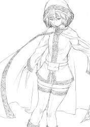 Rule 34 | 1girl, belt pouch, boots, cloak, female focus, greyscale, hair between eyes, high collar, highres, hood, hood up, hooded cloak, looking at viewer, monochrome, niwatazumi, original, pouch, simple background, sketch, skirt, sleeves past wrists, smile, solo, thighhighs, white background, wide sleeves, zettai ryouiki