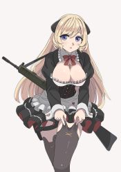 Rule 34 | 1girl, apron, battle rifle, beige background, black dress, black thighhighs, blonde hair, bow, bowtie, breasts, cleavage, commission, corset, cross, cross necklace, dress, frilled apron, frills, g3 (battlefield baker) (girls&#039; frontline), g3 (girls&#039; frontline), girls&#039; frontline, gun, h&amp;k g3, holster, jewelry, juliet sleeves, large breasts, long hair, long sleeves, looking at viewer, necklace, official alternate costume, open mouth, pixiv commission, puffy sleeves, purple eyes, red bow, red bowtie, rifle, simple background, solo, standing, tab (tabkun), thigh holster, thighhighs, waist apron, weapon, white apron