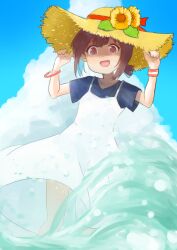 Rule 34 | 1girl, :d, absurdres, blue hair, blue sky, brown eyes, brown hair, cloud, commentary, dress, flower, hands on headwear, hands up, hat, hat flower, hat ribbon, highres, hozuki momiji, looking at viewer, multicolored hair, onii-chan wa oshimai!, open mouth, red ribbon, ribbon, short hair, short ponytail, short sleeves, sky, smile, solo, straw hat, sunflower, tama go, two-tone hair, wading, water, wristband