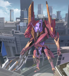 Rule 34 | blue sky, building, city, cityscape, cloud, commentary request, highres, highway, holding, holding weapon, horns, mecha, mecha focus, neon genesis evangelion, no humans, redesign, robot, science fiction, sharp teeth, single horn, sky, skyscraper, solo, standing, syope, teeth, weapon, yellow eyes