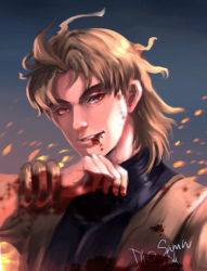Rule 34 | 1boy, blonde hair, blood, blood from mouth, blood stain, character name, dio brando, gradient background, jojo no kimyou na bouken, male focus, red eyes, signature, solo, vokbink, wrist cuffs