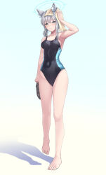 Rule 34 | 1girl, absurdres, animal ears, blue archive, blue eyes, blush, breasts, competition swimsuit, full body, grey hair, hand on own head, highleg, highleg swimsuit, highres, looking at viewer, medium breasts, one-piece swimsuit, sandals, shiroko (blue archive), solo, standing, swimsuit, unworn sandals, wet, wolf girl