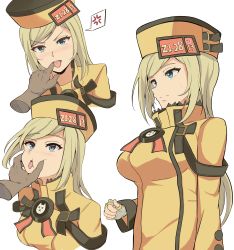 Rule 34 | 1girl, 1other, anger vein, blonde hair, blue eyes, blush, breasts, closed mouth, clothes writing, cowboy shot, disembodied hand, finger in another&#039;s mouth, fingerless gloves, gloves, grabbing, guilty gear, guilty gear xrd, hat, highres, jacket, large breasts, long hair, long sleeves, looking at viewer, millia rage, multiple views, nose blush, open mouth, orange hat, orange jacket, simple background, spoken anger vein, sweatdrop, swept bangs, tongue, tongue out, upper body, verseir 001, very long hair, white background, white gloves