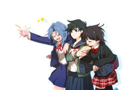 Rule 34 | &gt;:d, 3girls, :d, alternate costume, arm grab, arm on another&#039;s shoulder, arm rest, arm up, bag, black hair, black legwear, black sweater, blazer, blue hair, blue jacket, blue skirt, bow, bowtie, brown hair, cardigan, casual, closed mouth, contemporary, cowboy shot, crepe, cup, drinking glass, drinking straw, eating, closed eyes, food, grabbing, green cardigan, green eyes, hand on another&#039;s arm, hand up, holding, holding cup, holding drinking glass, holding food, houjuu nue, jacket, kumoi ichirin, long sleeves, looking at another, medium hair, multiple girls, murasa minamitsu, open cardigan, open clothes, open jacket, open mouth, plaid, plaid skirt, pointy ears, red bow, red ribbon, ribbon, sailor collar, shikushiku (amamori weekly), shirt, shoulder bag, simple background, skirt, smile, sweater, thighhighs, touhou, v-shaped eyebrows, walking, white background, zettai ryouiki