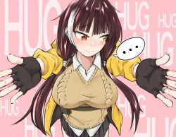 Rule 34 | 1girl, black gloves, black hair, black skirt, blush, brown sweater vest, collared shirt, english text, fingerless gloves, girls&#039; frontline, gloves, heterochromia, highres, jacket, kuzumotsu, long hair, looking to the side, low twintails, miniskirt, multicolored hair, pink background, pleated skirt, red eyes, ro635 (girls&#039; frontline), shirt, skirt, solo, streaked hair, sweat, sweater vest, twintails, white hair, white shirt, yellow eyes, yellow jacket