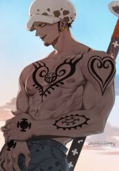 Rule 34 | 1boy, arm tattoo, black hair, chest tattoo, denim, earrings, facial hair, from side, fur hat, hand tattoo, hat, highres, holding own wrist, jeans, jewelry, male focus, muscular, muscular male, one piece, outdoors, pants, sheath, sheathed, short hair, shoulder tattoo, sky, smile, solo, tattoo, topless male, trafalgar law, wosara, yellow eyes