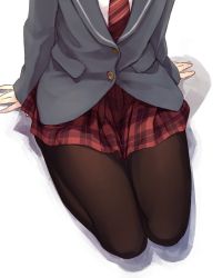 Rule 34 | 1girl, bad id, bad twitter id, black pantyhose, blazer, jacket, legs together, lower body, necktie, original, out of frame, pantyhose, plaid, plaid skirt, red skirt, rimo, school uniform, seiza, simple background, sitting, skirt, solo, striped necktie, striped neckwear, thighs, white background