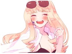 Rule 34 | 1girl, blonde hair, blush, breasts, cleavage, earrings, eyebrows, eyewear on head, happy, jewelry, large breasts, long hair, macross, macross frontier, open clothes, open mouth, sechi (stst1850), sheryl nome, shirt, solo, sunglasses, white background