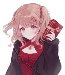 Rule 34 | 1girl, azusawa kohane, bag, black jacket, blush, bow, box, brown bow, brown eyes, brown hair, cleavage cutout, closed mouth, clothing cutout, collared dress, domyo, dress, earrings, hair ornament, hair ribbon, hairpin, handbag, heart, heart hair ornament, highres, holding, holding box, jacket, jewelry, long hair, long sleeves, looking at viewer, nail polish, open clothes, open jacket, project sekai, red dress, red nails, red ribbon, ribbon, short twintails, sidelocks, simple background, sleeves past wrists, smile, solo, twintails, upper body, white background