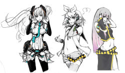 Rule 34 | 3girls, belt, breasts, bridal gauntlets, collaboration, detached sleeves, gloves, gradient hair, hatsune miku, hatsune miku (append), headphones, ippus, kagamine rin, listening to music, long hair, long skirt, megurine luka, microskirt, midriff, monochrome, multicolored hair, multiple girls, musical note, navel, necktie, panties (pantsu-pirate), partially colored, pink hair, pleated skirt, riftgarret, short hair, short shorts, shorts, side slit, skirt, small breasts, spot color, thighhighs, twintails, vocaloid, vocaloid append, white skirt, zettai ryouiki