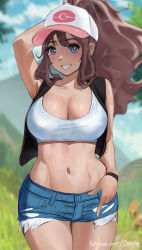 Rule 34 | 1girl, alternate breast size, arm behind head, arm up, armpits, bare arms, baseball cap, black vest, blue eyes, blue shorts, blurry, blurry background, breasts, brown hair, cleavage, collarbone, cowboy shot, creatures (company), day, denim, denim shorts, donyta, exposed pocket, game freak, hand in pocket, hat, high ponytail, hilda (pokemon), large breasts, linea alba, long hair, looking at viewer, midriff, navel, nintendo, open clothes, open mouth, open vest, outdoors, pocket, pokemon, pokemon bw, short shorts, shorts, sidelocks, sketch, smile, solo, stomach, tank top, vest, watermark, web address, wristband