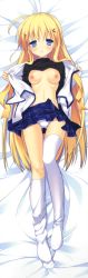Rule 34 | 1girl, absurdres, bed sheet, blonde hair, blue eyes, blue skirt, breasts, clothes lift, clover (series), clover days, dakimakura (medium), from above, frown, full body, gradient background, highres, huge filesize, long hair, long sleeves, looking at viewer, lying, nimura yuuji, nipples, on back, open clothes, open shirt, panties, plaid, plaid skirt, saiga (company), school uniform, shirt, shirt lift, skirt, skirt lift, small breasts, solo, sweater, sweater lift, takakura anzu, thighhighs, thighhighs pull, underwear, very long hair, white panties, white thighhighs