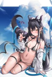 Rule 34 | 1girl, absurdres, arm support, bikini, black bikini, black choker, black hair, black nails, blush, breasts, choker, dragon girl, dragon horns, dragon tail, dragon wings, earrings, front-tie bikini top, front-tie top, hair ornament, hairclip, highres, horns, jewelry, long hair, looking at viewer, nail polish, navel, nekoya minamo, original, side-tie bikini bottom, small breasts, solo, swimsuit, tail, thigh strap, thighs, wings, yellow eyes