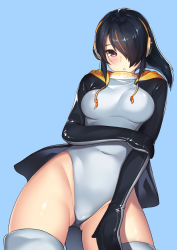 Rule 34 | 10s, 1girl, black hair, black jacket, blue background, blush, breasts, brown eyes, capelet, covered navel, emperor penguin (kemono friends), hair over one eye, hand on own arm, hand on own thigh, headphones, headwear request, highres, hood, hoodie, jacket, kagematsuri, kemono friends, leotard, looking at viewer, looking down, medium breasts, simple background, solo, tail, thighhighs, underbust, white leotard, white thighhighs