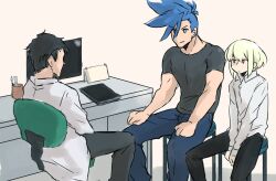 Rule 34 | 3boys, asymmetrical hair, aus vaka, black hair, black pants, black shirt, blue eyes, blue hair, blue pants, chair, collared shirt, commentary request, computer, denim, doctor, dress shirt, galo thymos, green hair, highres, jeans, jitome, lab coat, lio fotia, long sleeves, looking at another, male focus, mohawk, multiple boys, office, office chair, on chair, pants, promare, salaryman, shirt, short hair, short sleeves, sidecut, sitting, spiked hair, stool, swivel chair, table, tagme, undercut, white shirt