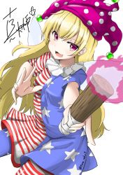 Rule 34 | :d, alternate legwear, american flag, american flag dress, american flag legwear, blonde hair, clownpiece, collar, commentary request, cowboy shot, dress, fairy, fairy wings, frilled shirt collar, frills, hat, highres, jester cap, leggings, long hair, looking at viewer, mahiro (akino-suisen), neck ruff, open mouth, pantyhose, pink eyes, print legwear, print pantyhose, short dress, short sleeves, smile, solo, star (symbol), star print, striped clothes, striped dress, striped pantyhose, torch, touhou, twitter username, wings